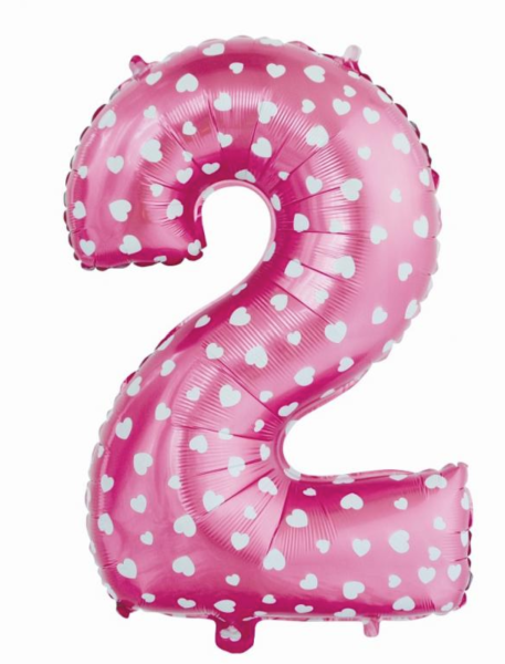 Folienballon - Zahl 2: Pinke Zahl mit Herzen-​ ø 61cm